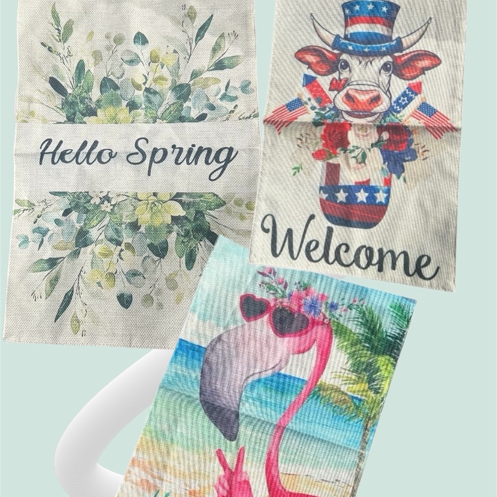 3 Garden Flags Summer, Spring, 4th of July 12” x 18” Canvas Burlap NEW